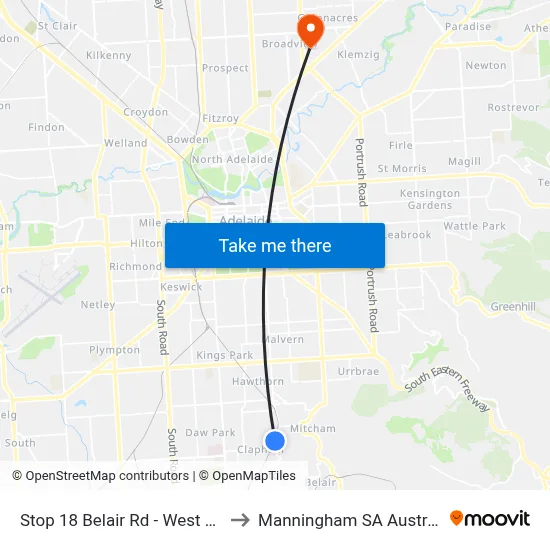 Stop 18 Belair Rd - West side to Manningham SA Australia map