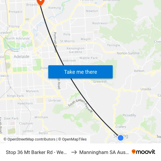 Stop 36 Mt Barker Rd - West side to Manningham SA Australia map