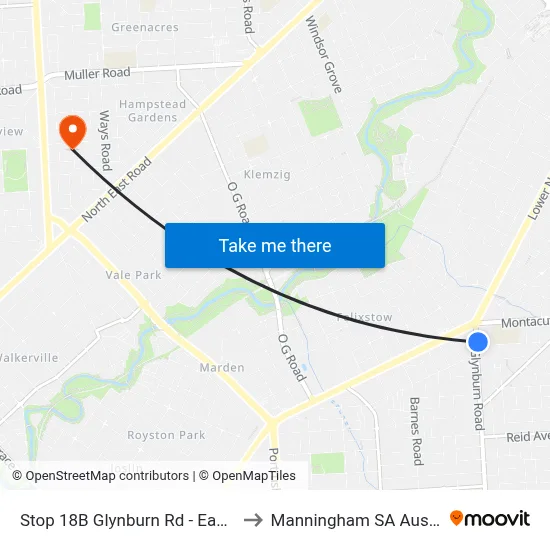 Stop 18B Glynburn Rd - East side to Manningham SA Australia map