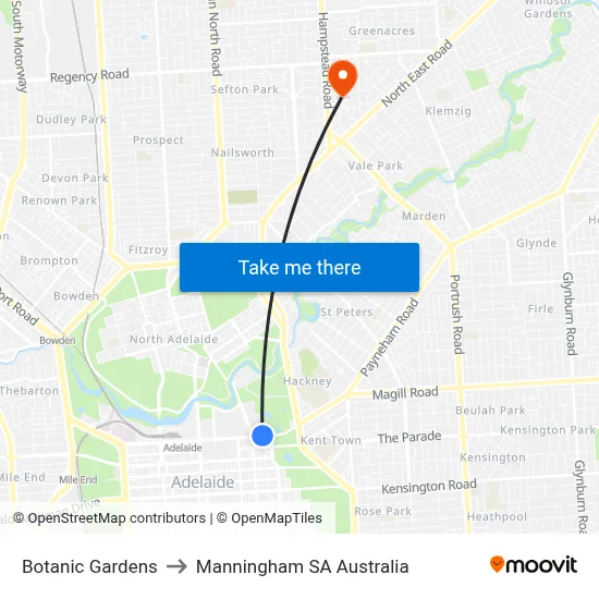 Botanic Gardens to Manningham SA Australia map