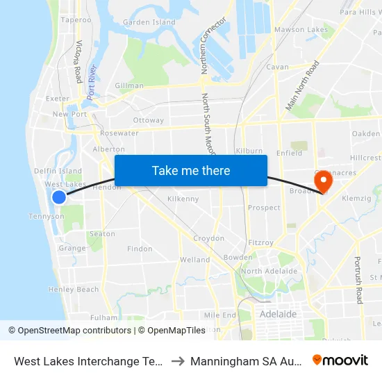 West Lakes Interchange Terminus to Manningham SA Australia map