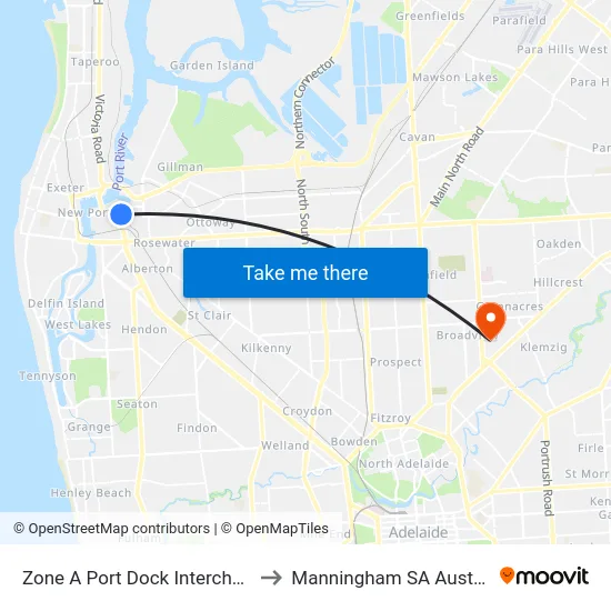Zone A Port Dock Interchange to Manningham SA Australia map