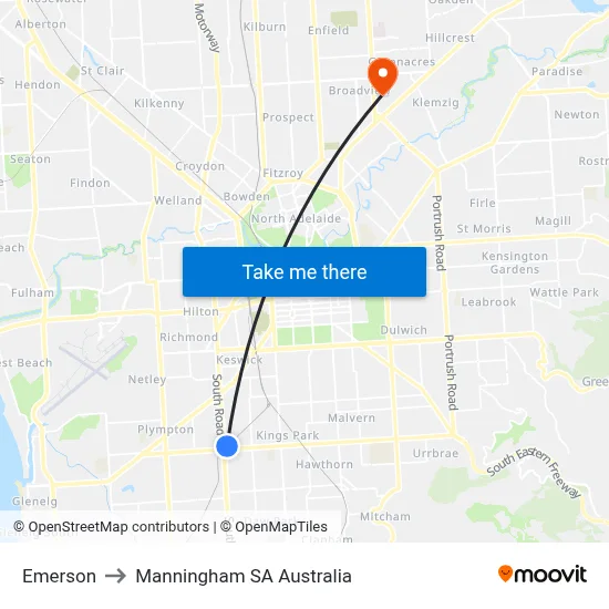 Emerson to Manningham SA Australia map
