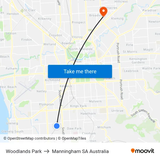 Woodlands Park to Manningham SA Australia map
