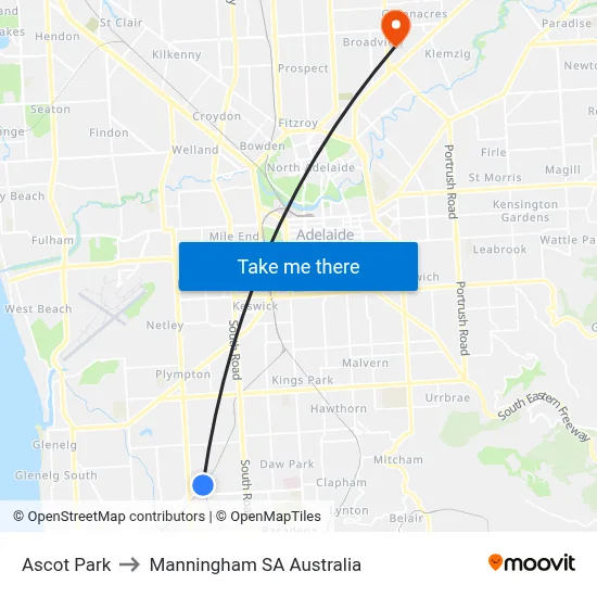 Ascot Park to Manningham SA Australia map