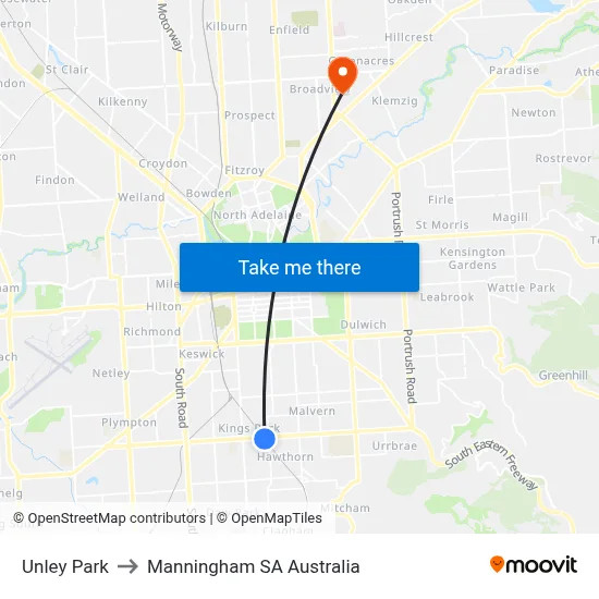 Unley Park to Manningham SA Australia map
