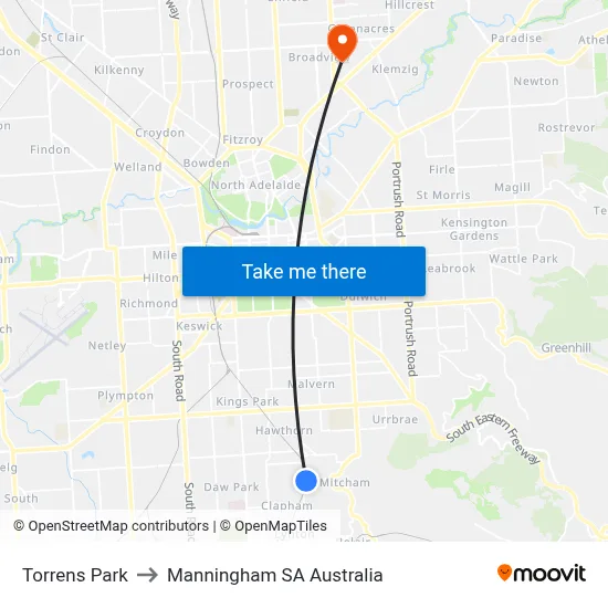 Torrens Park to Manningham SA Australia map