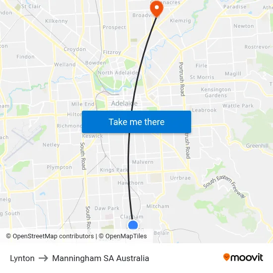 Lynton to Manningham SA Australia map
