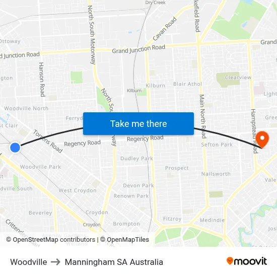 Woodville to Manningham SA Australia map