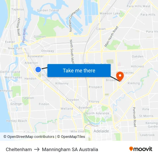 Cheltenham to Manningham SA Australia map