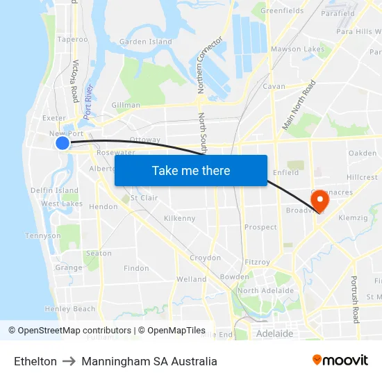 Ethelton to Manningham SA Australia map
