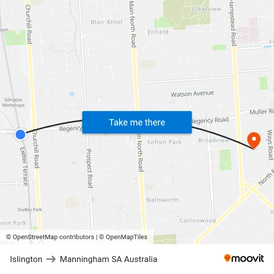 Islington to Manningham SA Australia map