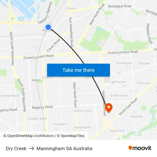 Dry Creek to Manningham SA Australia map