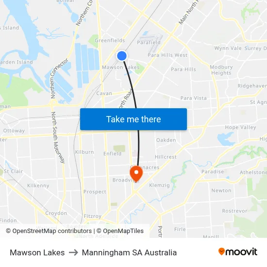 Mawson Lakes to Manningham SA Australia map