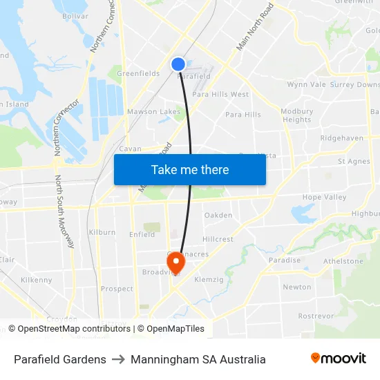 Parafield Gardens to Manningham SA Australia map