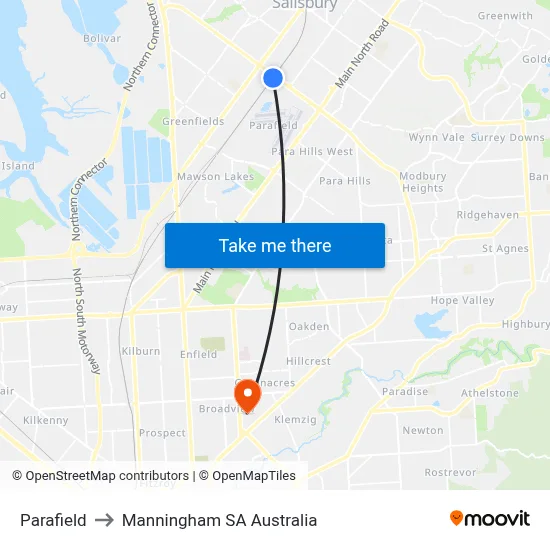 Parafield to Manningham SA Australia map