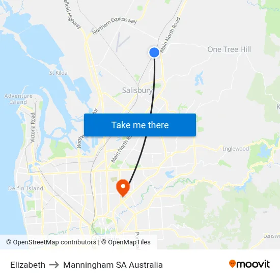 Elizabeth to Manningham SA Australia map