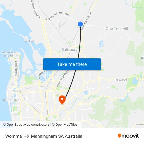 Womma to Manningham SA Australia map