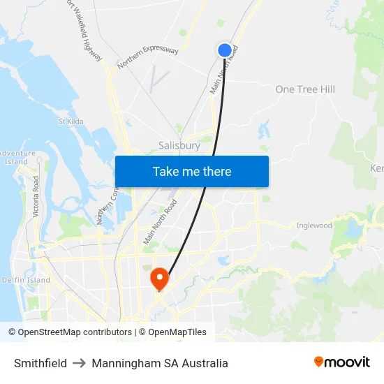 Smithfield to Manningham SA Australia map