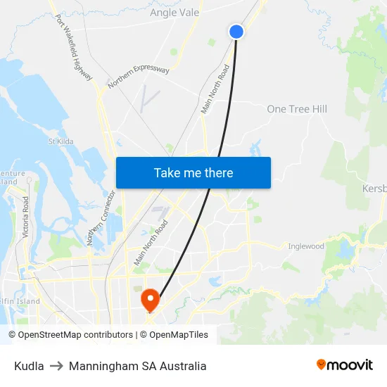 Kudla to Manningham SA Australia map