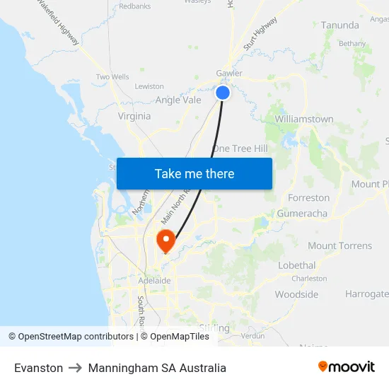 Evanston to Manningham SA Australia map