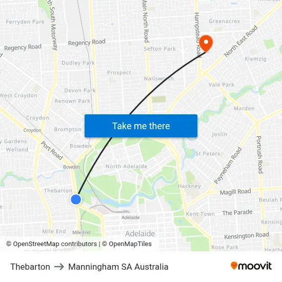 Thebarton to Manningham SA Australia map