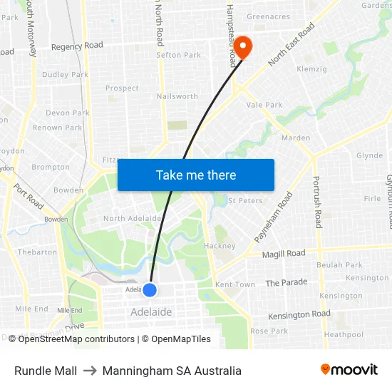 Rundle Mall to Manningham SA Australia map