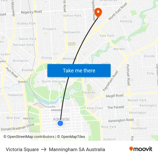 Victoria Square to Manningham SA Australia map