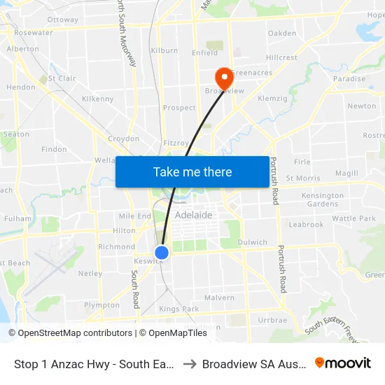 Stop 1 Anzac Hwy - South East side to Broadview SA Australia map