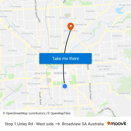 Stop 1 Unley Rd - West side to Broadview SA Australia map