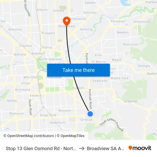 Stop 13 Glen Osmond Rd - North East side to Broadview SA Australia map