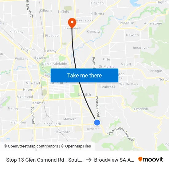 Stop 13 Glen Osmond Rd - South West side to Broadview SA Australia map