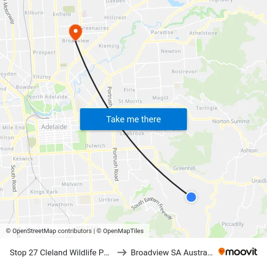Stop 27 Cleland Wildlife Park to Broadview SA Australia map