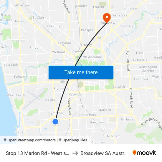 Stop 13 Marion Rd - West side to Broadview SA Australia map