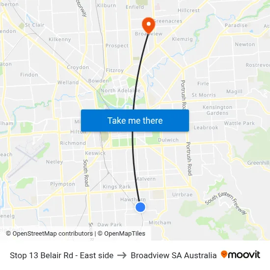Stop 13 Belair Rd - East side to Broadview SA Australia map