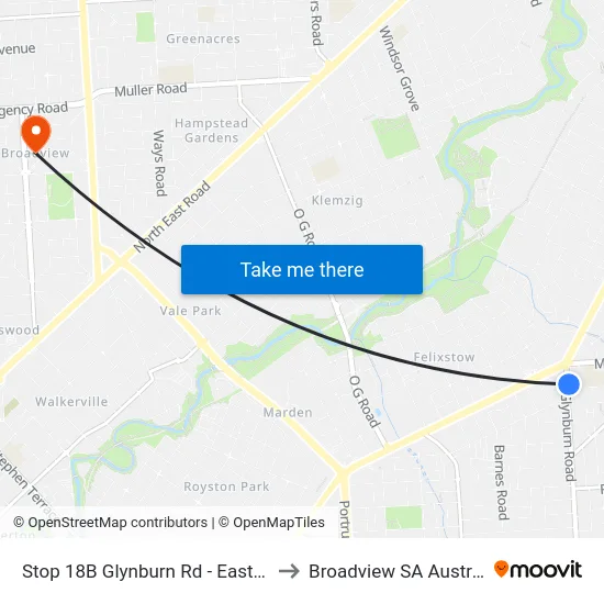 Stop 18B Glynburn Rd - East side to Broadview SA Australia map