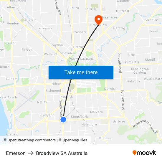 Emerson to Broadview SA Australia map