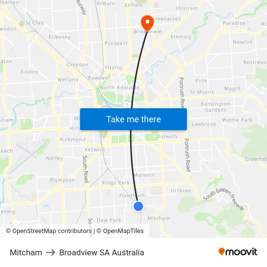 Mitcham to Broadview SA Australia map