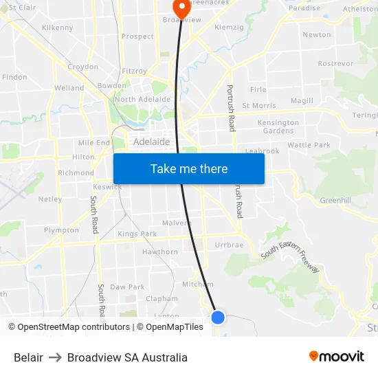 Belair to Broadview SA Australia map