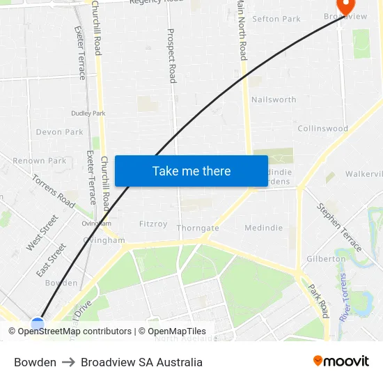 Bowden to Broadview SA Australia map