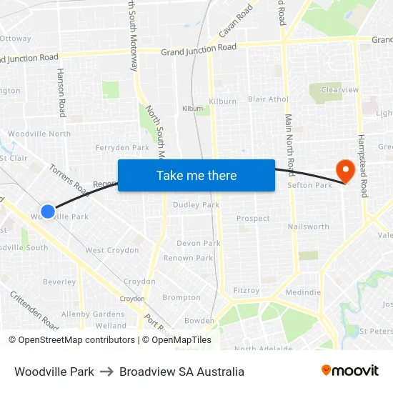 Woodville Park to Broadview SA Australia map