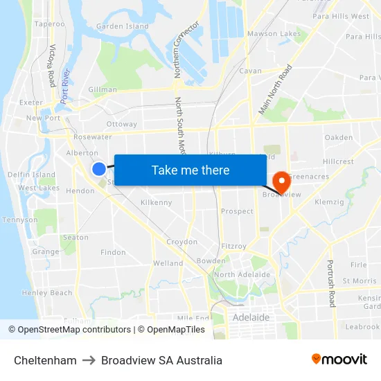 Cheltenham to Broadview SA Australia map