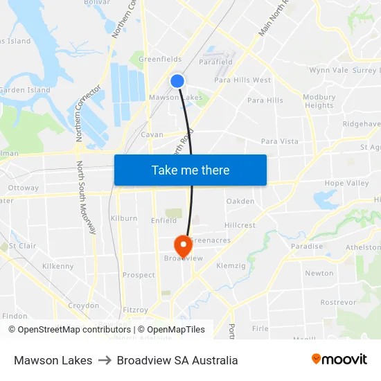 Mawson Lakes to Broadview SA Australia map