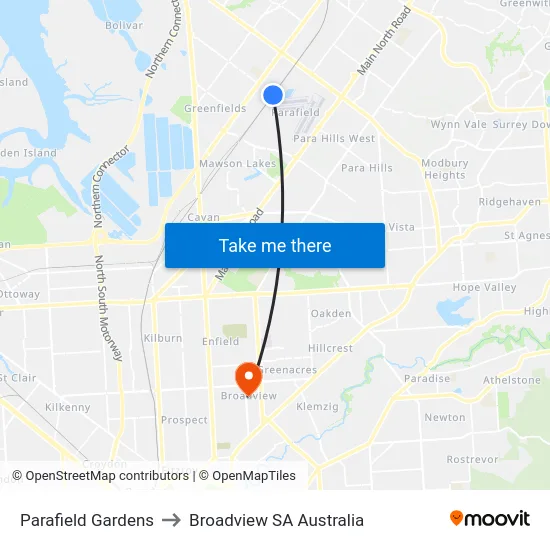 Parafield Gardens to Broadview SA Australia map