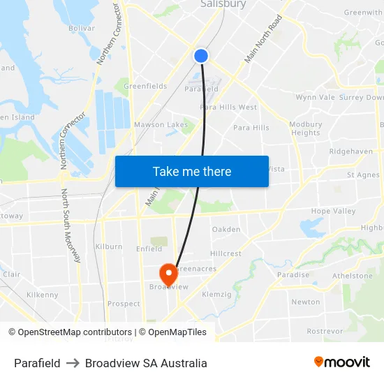 Parafield to Broadview SA Australia map