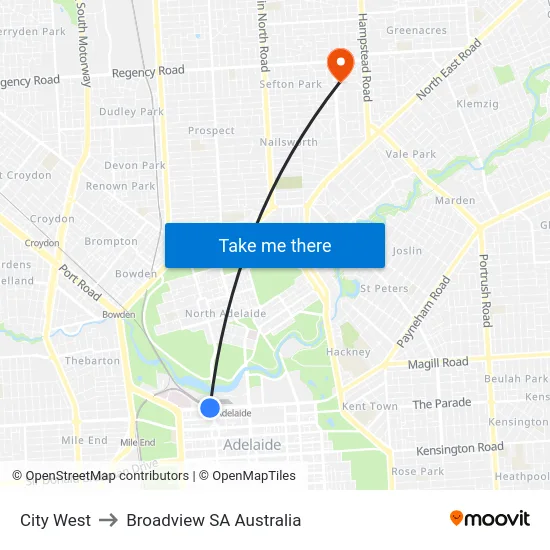 City West to Broadview SA Australia map