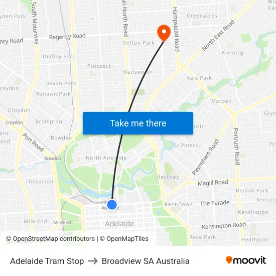 Adelaide Tram Stop to Broadview SA Australia map