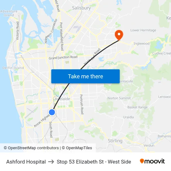 Ashford Hospital to Stop 53 Elizabeth St - West Side map