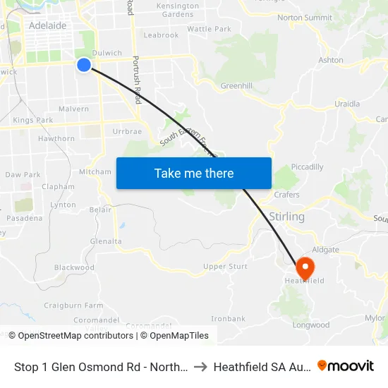 Stop 1 Glen Osmond Rd - North East side to Heathfield SA Australia map
