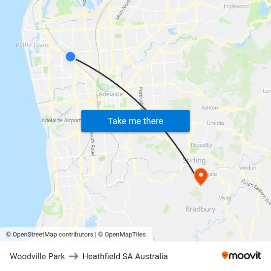 Woodville Park to Heathfield SA Australia map